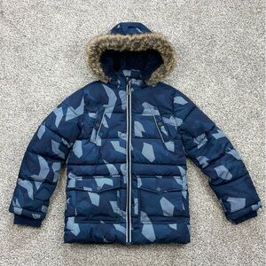 Puffer coat blue camo removable hood faux fur boys 7